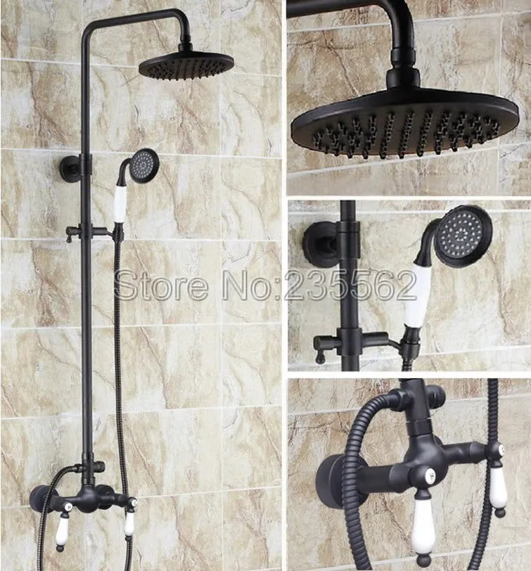 

Black Oil Rubbed Bronze Bathroom Rain Shower Faucet Set Dual Ceramic Handle Mixer Tap Wall Mounted with Handheld Shower lrs474