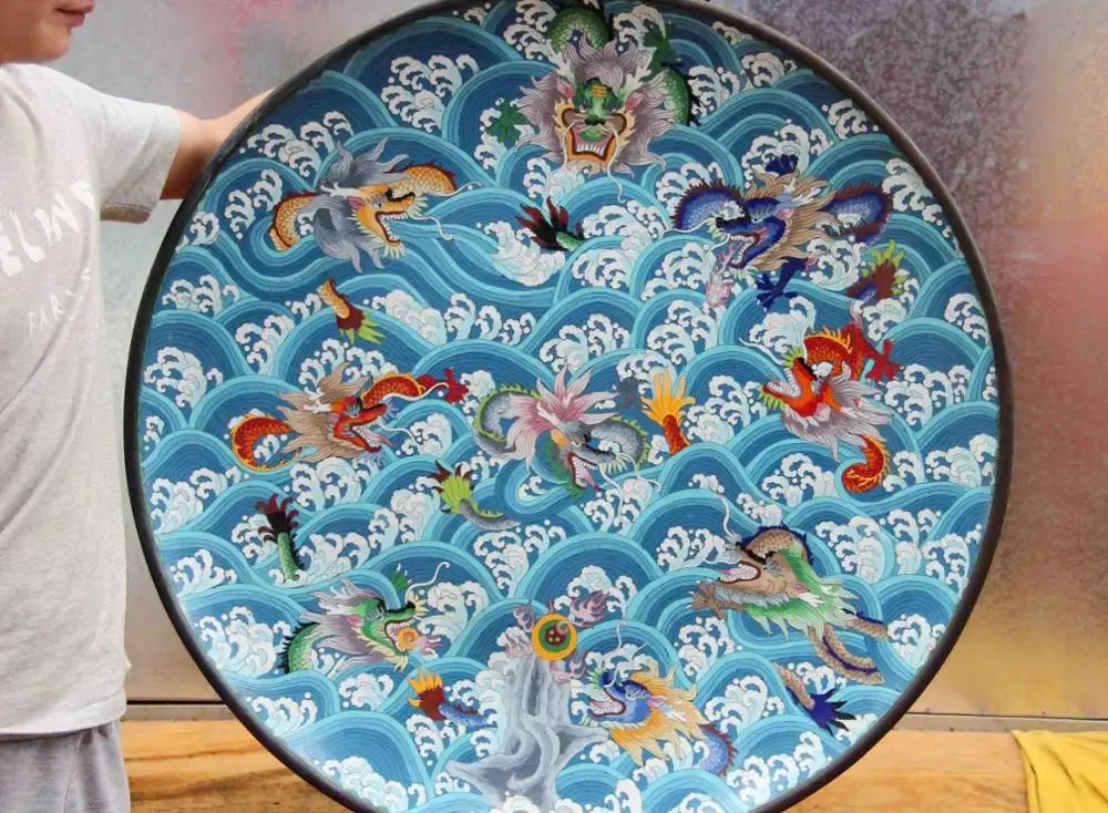 

33 Royal Palace Copper Cloisonne Enamel Feng Shui Nine Dragons Dragon dish Plate