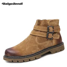 Retro Ankle Boots Men Cow Suede Leather Double Belt Buckle Winter Boots Casual Round Toe Comfort Boots Man US 6-10 Retro Ankle Boots Men Cow Suede Leather Double Belt Buckle Winter Boots Casual Round Toe Comfort Boots Man US 6-10