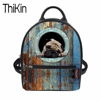 

THIKIN Fashion Women Backpack PU Leather Backpacks for Teenage Girls School Bagpack Cute Pug Dog Cat Shoulder Bag Beach Bag New