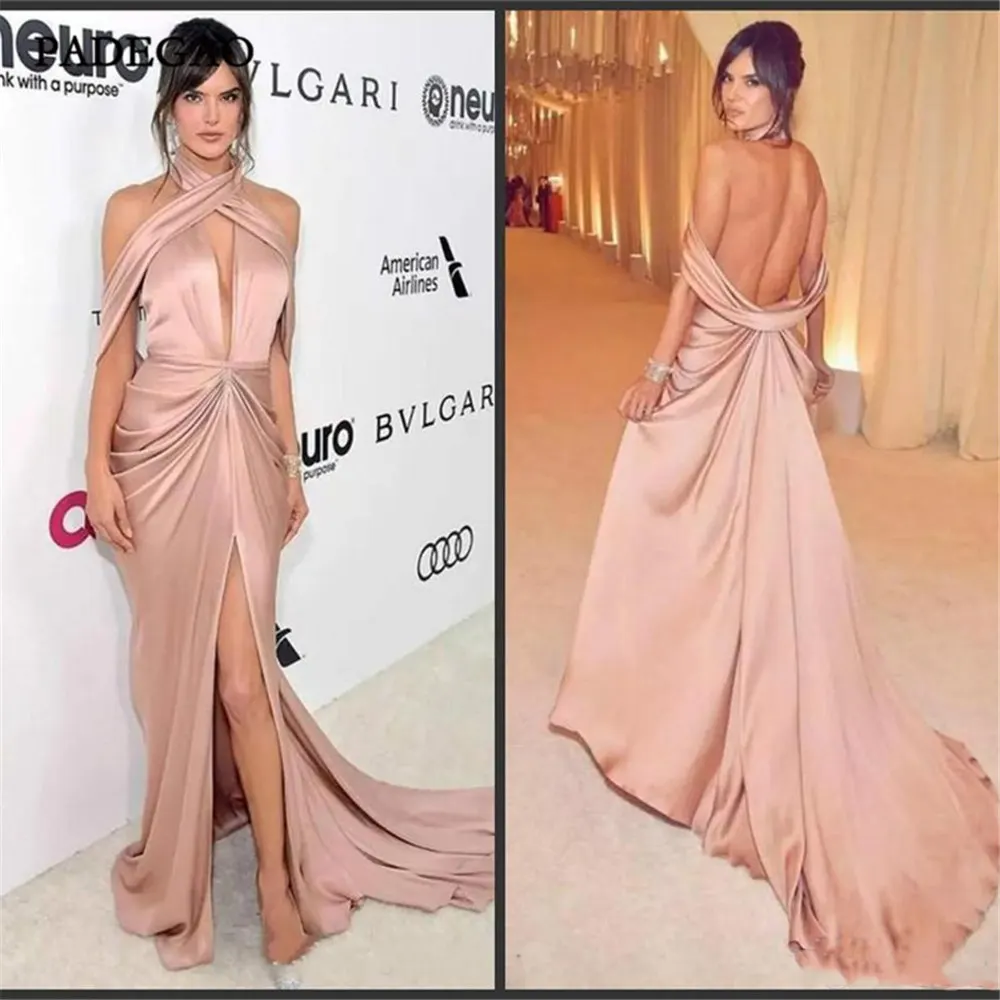 

Elegant Pink Evening Dresses A-Line Pleat Long Party Dress Floor Length Open Back Sweep Train Pleat Evening Dress
