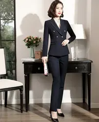 Высокое качество Формальные дамские брючные костюмы для женщин бизнес темно-синий костюм Блейзер и пиджак комплект офисная Дамская