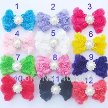 DIY Роуз Лук без Клипы 3 ''шифон волосы бант с жемчугом 'аксессуары для волос 12 цветов 60 шт./лот