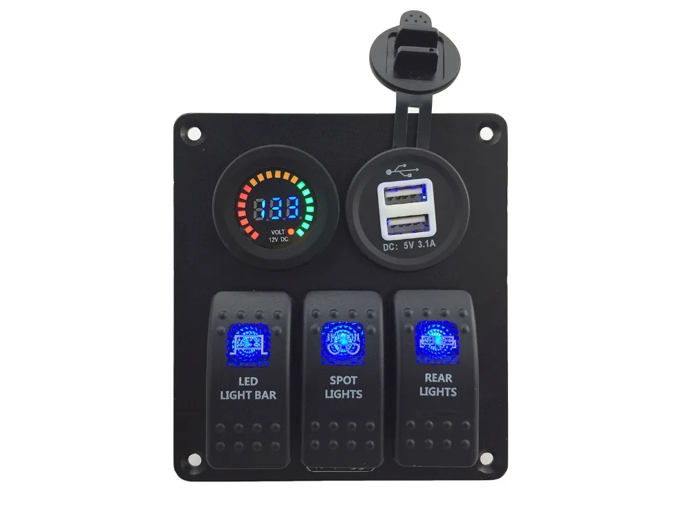 

DC12V-24V led voltmeter + Double USB 3.1A Power Outlet Charger Socket 3 Gang blue Rocker Switch Panel Marine Boat Car Rv