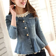 Высокое качество крутой корейский кружевной бисер украшенный рукав три четверти сборная талия джинсовое пальто