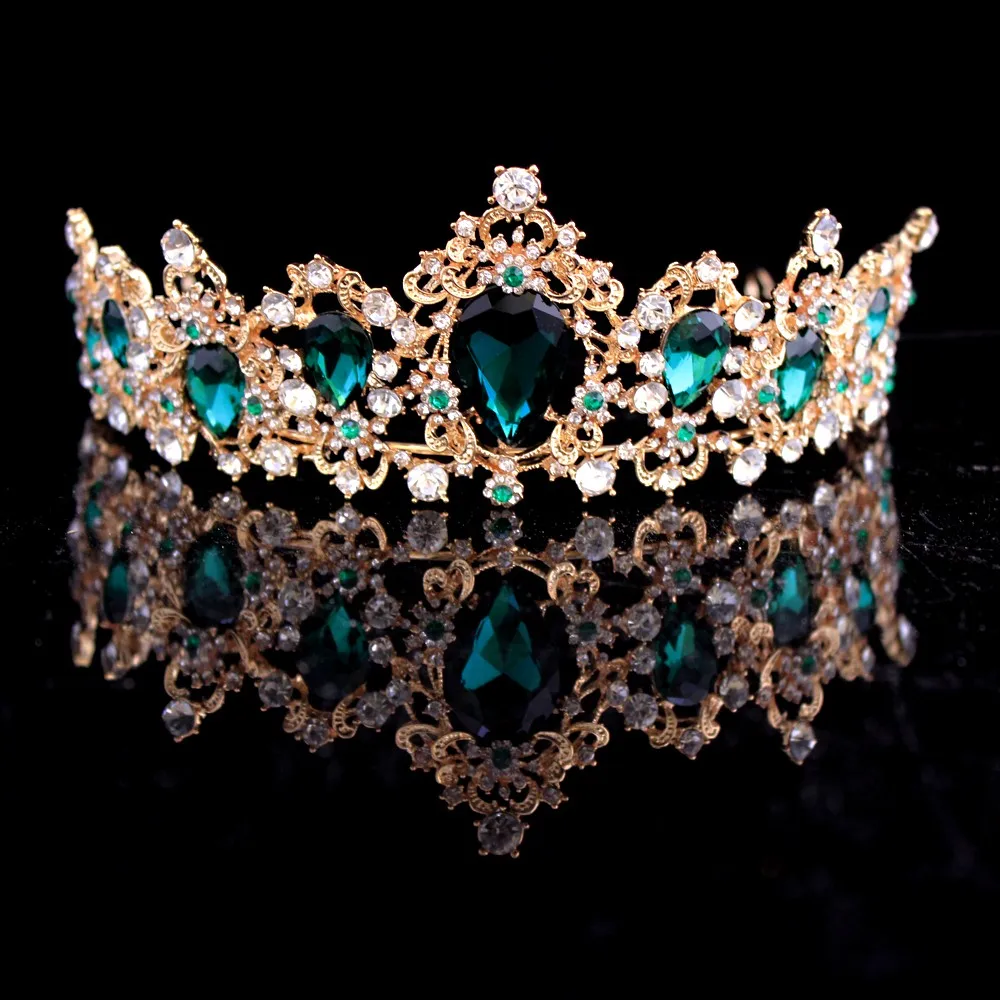 Корона в стиле барокко, красный, синий, зеленый кристалл, свадебные диадемы, корона, винтажные золотые аксессуары для волос, свадебные диадемы со стразами, торжественные короны - Окраска металла: Gold Green