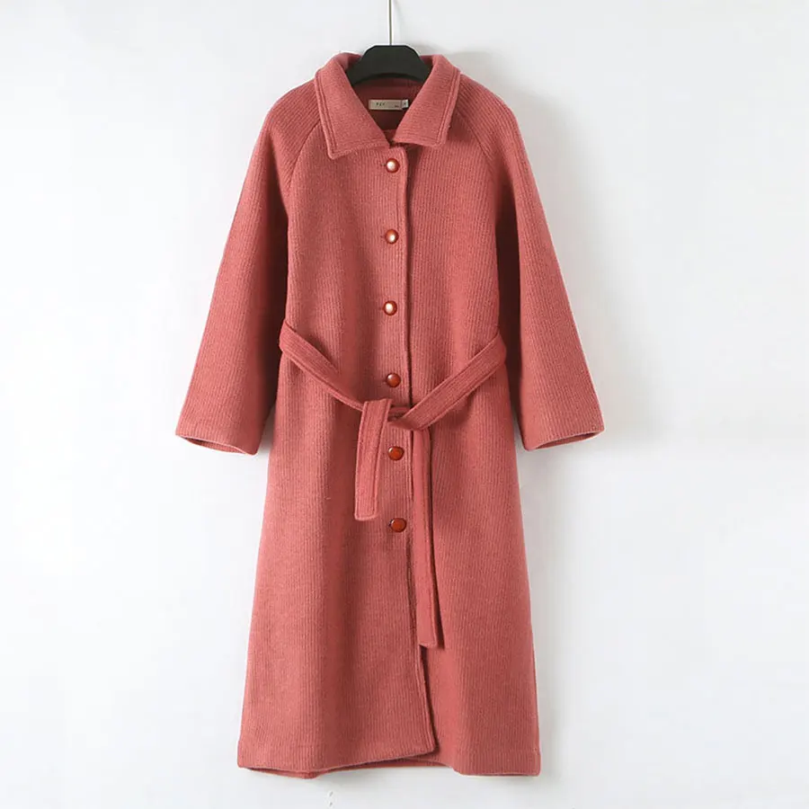 Solid Lace Up Mid-long Wool Blend Coats Women Casual Single-breasted Loose Winter Woolen Coats Women's Fashion Warm Outwears New