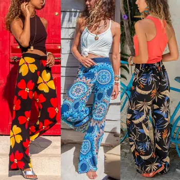 

2019 New Women Baggy Pants Flower Print Boho Hippie Wide Leg Gypsy Palazzo Casual Plus Size Floral Long Trousers