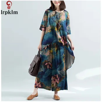 

2018 Summer New Large Size Women Suit Fashion Round Neck Silk Print Swallowtail Shirt + Wide Legs Ankle-Length Pants CH031