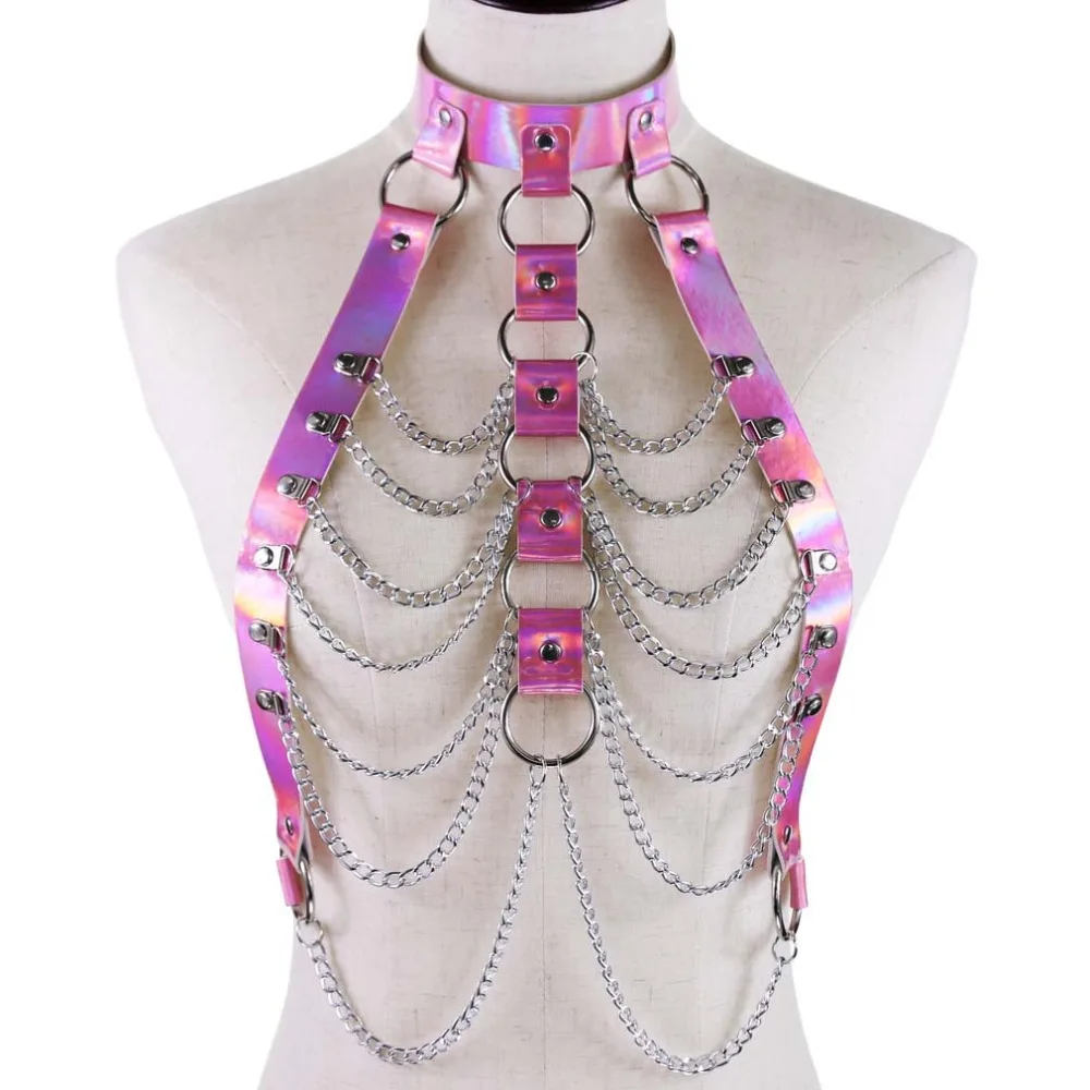 Price Holographic chain harness body chain bra top punk women holo rainbow pvc body jewelry Bondage Waist summer festival rave outfit