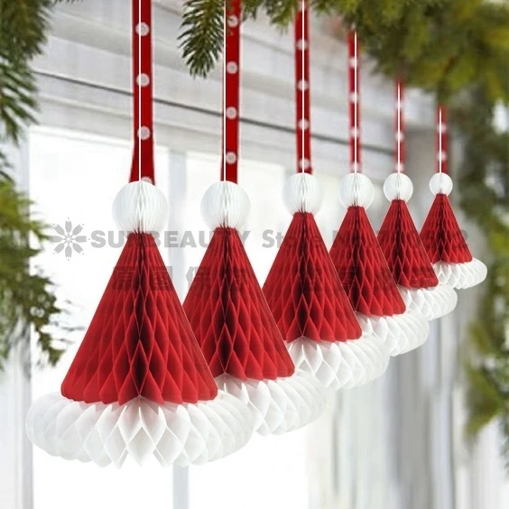 

Christmas Paper Decoration 3pcs Honeycomb Santa Hats Hanging Christmas Ornament For Party Festival Decoration