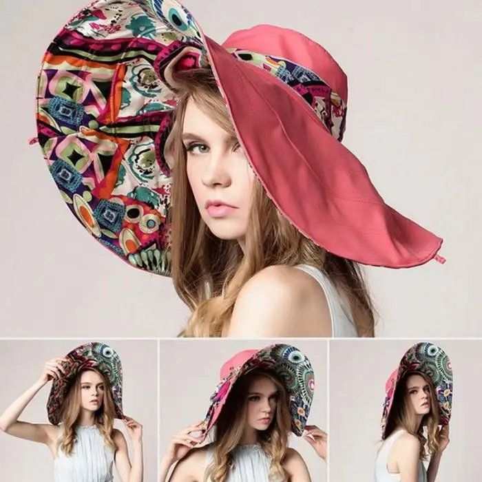 Модные женские цветочные складные шляпы с полями, защита от солнца, УФ защита, для улицы, летние пляжные головные уборы с бантами ZJ55