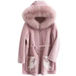 Осень-зима 100% шерстяное пальто Женская куртка с лисьим мехом с капюшоном Женская Шуба корейские женские топы винтажная замшевая подкладка
