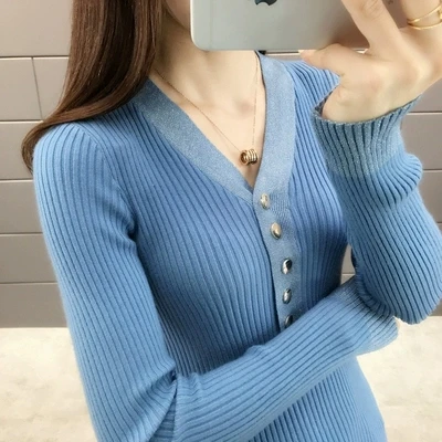 

New 2019 spring and autumn v-neck button with bright silk stretch knit Sweater