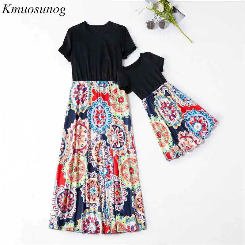 

Mother Daughter Dresses 2019 NEW Vintage Print short Sleeve Long Dress Mom and Daughter Dress Family Matching Clothes C0484