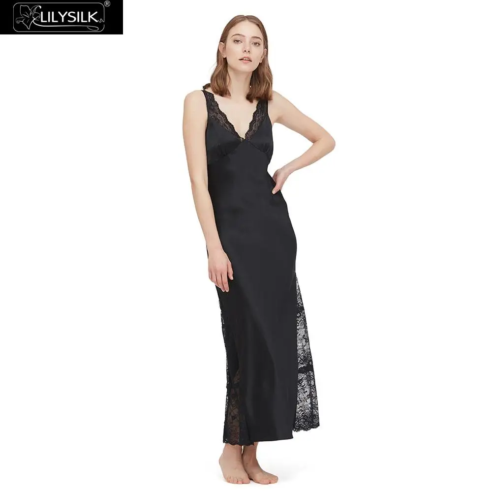 

LilySilk Silk Lacy Nightgown 22 Momme Full Length Natural Pure New Women's Clothing Free Shipping