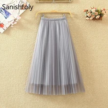 Sanishroly летние Для женщин Сплошной пуховик средней длины, юбка в сеточку для девочек, плиссированные женские юбки Высокая талия юбка А-силуэта с рисунком из больших кругов для юбка-пачка S091