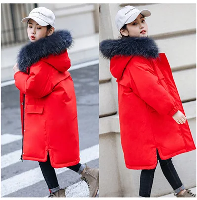 Зимняя куртка-пуховик для девочек и мальчиков-подростков, длинная парка с капюшоном и большим меховым воротником, пальто школьная детская одежда детские пальто для подростков 10 9 - Цвет: Red