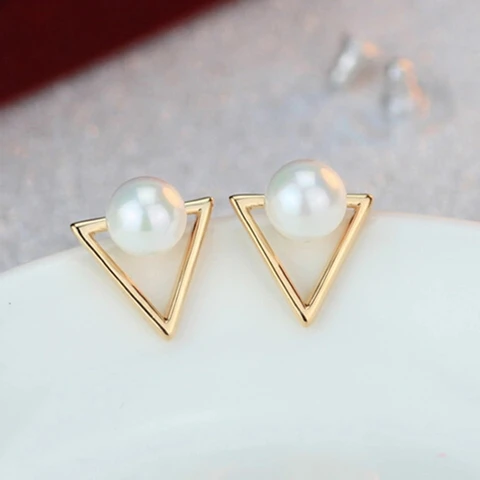 

EB035 Girls fashion personality triangle imitation pearl stud earrings for Women jewelry