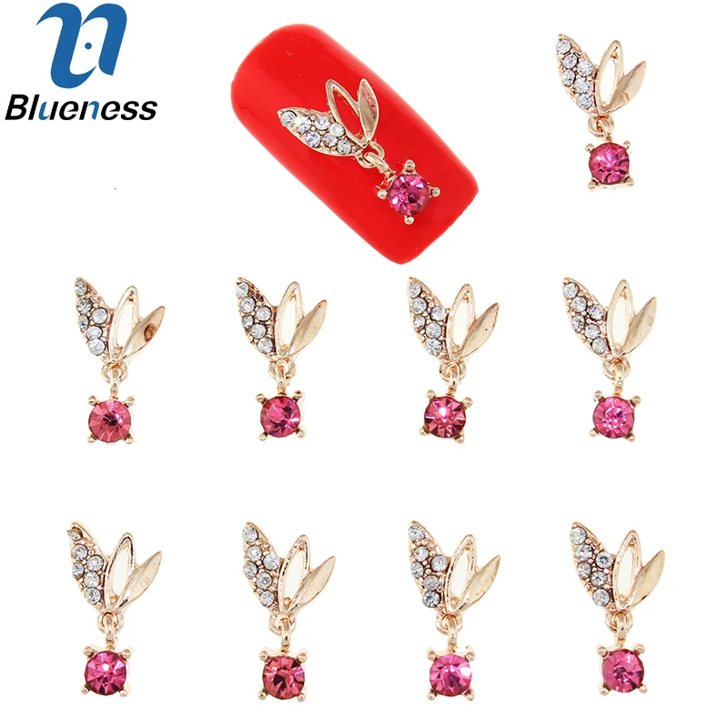 

10 Pcs/Lot Gold Floral Design Diy Studs For Charms Strass Nails Art Alloy Metal Pink Rhinestones 3D Decorations Nail Art TN1640