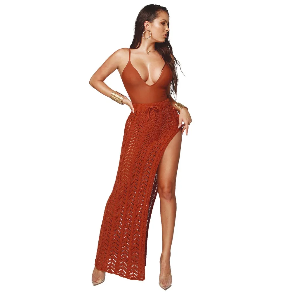 

2019 New Hollow out Beach Skirt Casual Beach Running knitting See Through Skirts Sexy High Split Ladies summer long skirt