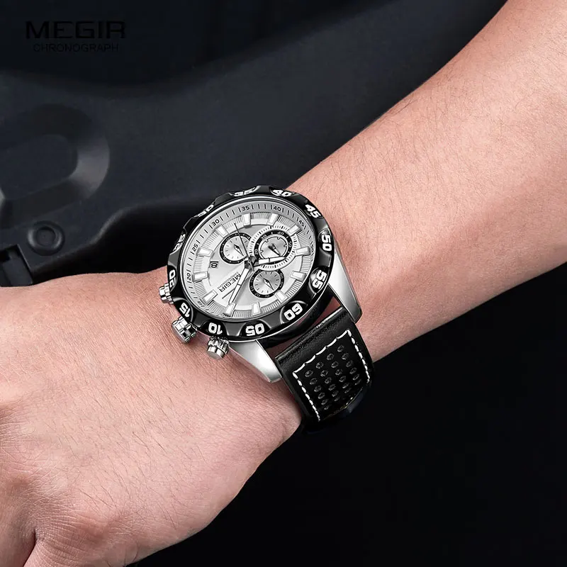 Megir мужские военные спортивные часы кожаный ремешок Топ бренд хронограф 3 бар водонепроницаемые светящиеся наручные часы человек 2096 г белый