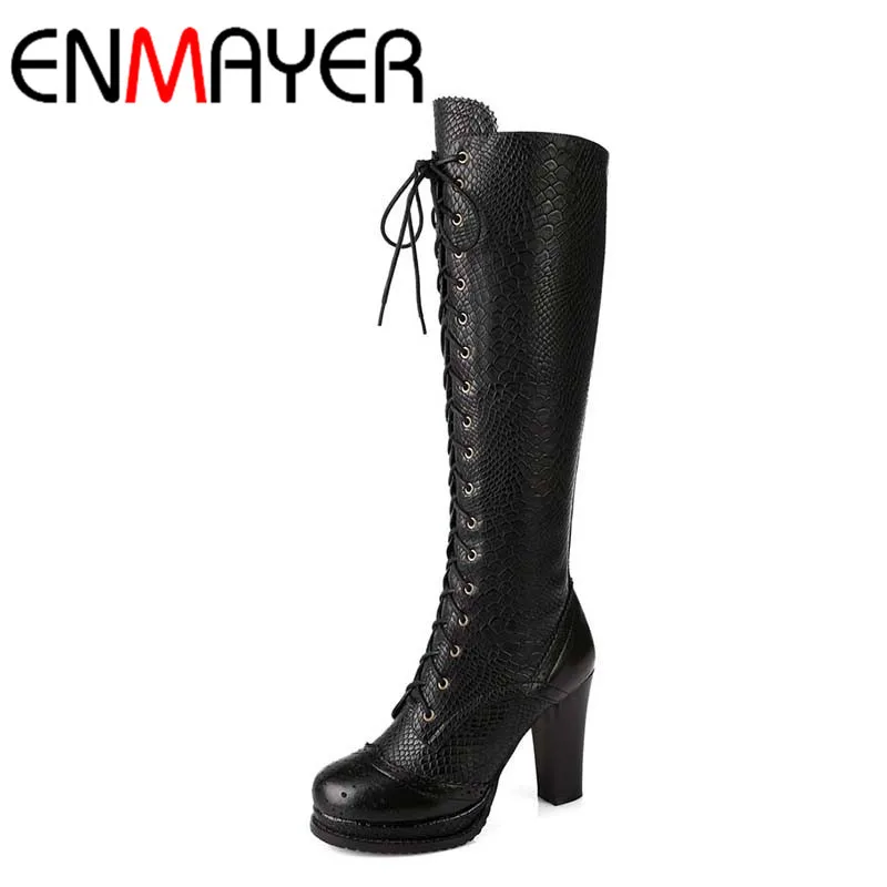 ФОТО ENMAYER Boots For Women Fashion Round Toe High Boots Shoes Hot Carving Winter Lace-Up Knee-High Boots Shoes Woman Winter Shoes