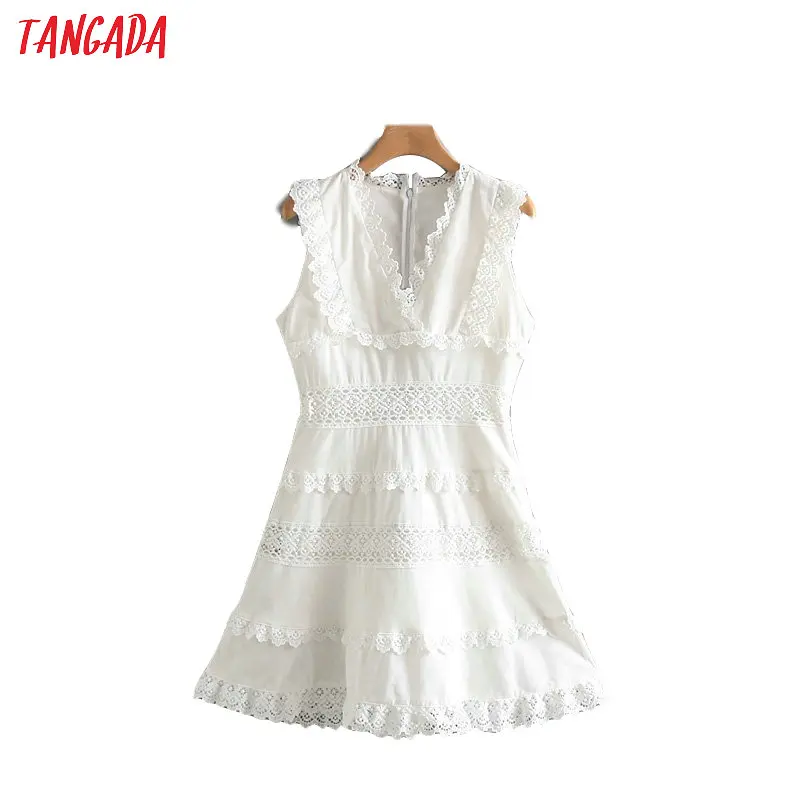

Tangada fashion women white patchwork lace dress v neck sleeveless ladies elegant a line dress vestidos 2W67