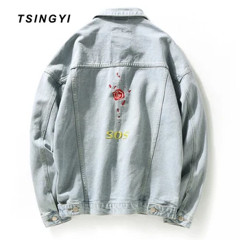 

Tsingyi White Washed Embroidery Rose Women Men Denim Jacket Turn-down Collar Long Sleeve Streetwear Men Bomber Jeans Jackets