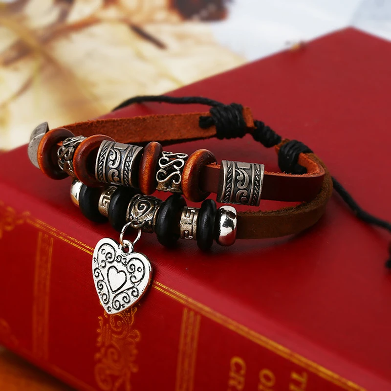 Модный браслет ручной работы из воловьей кожи с бусинами в форме сердца мужские и женские серебряные браслеты