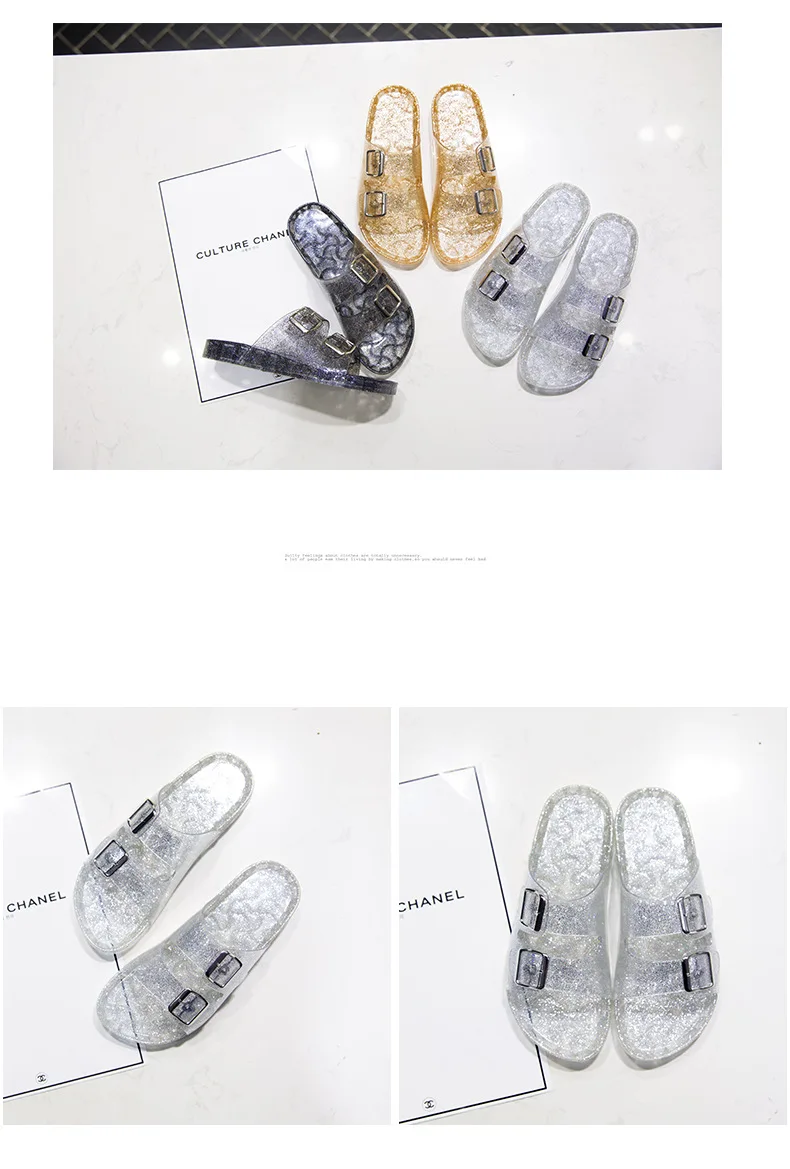 Прозрачные женские сандалии; прозрачные шлепанцы с металлической пряжкой; нескользящая обувь на плоской подошве с кристаллами; уличные повседневные пляжные сандалии; женская прозрачная обувь