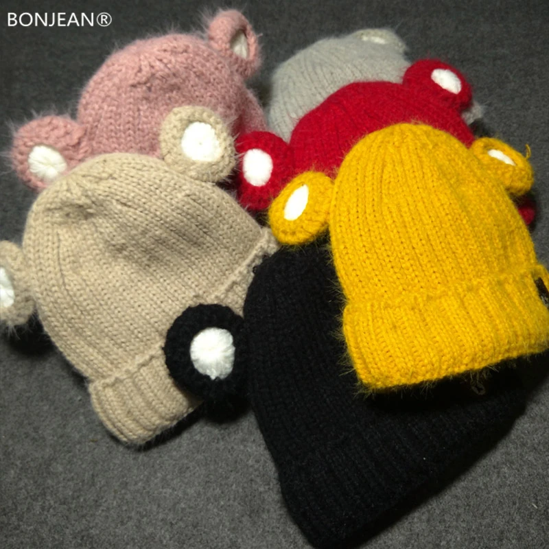 

Winter new baby hat child bear knit cap plus velvet Beanies  thick wool  head cap F-20