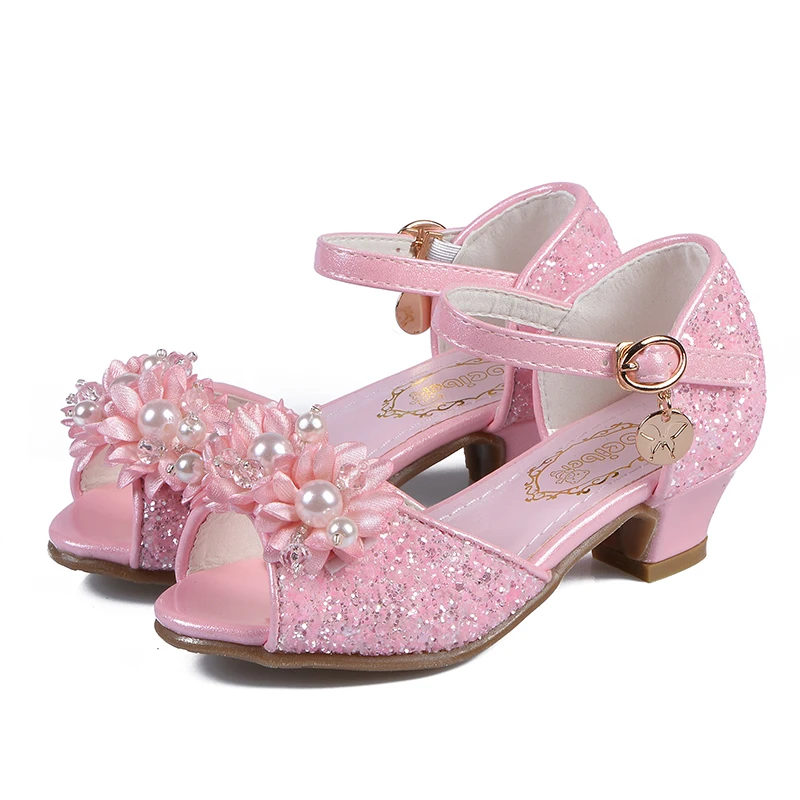 

SKHEK Princess Kids Leather Shoes For Girls Beading Glitter Children High Heel Girls Shoes Butterfly Knot Blue Pink White 28-38