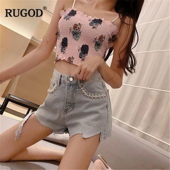 

RUGOD 2019 New Arrival Women Solid Beading Denim Hot Shorts High Waist Irregular Frayed Loose Slim Shorts Vintage Casual Stylish