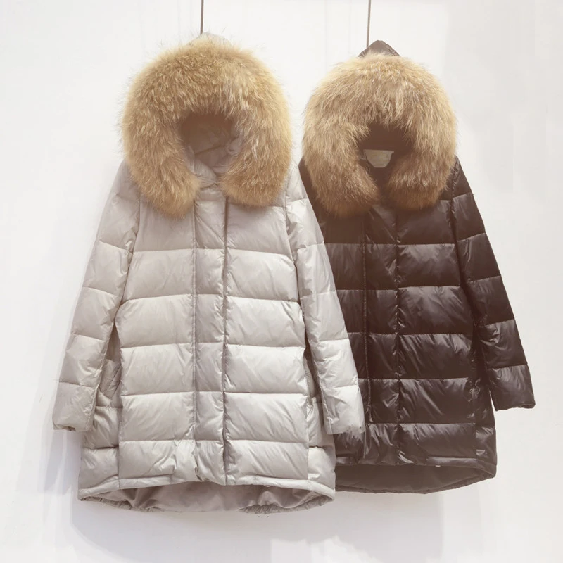 

Winter Women White Duck Down Jacket Oversize Big Fur Collar Hooded Long Down Parkas Coat Ladies Warm Thick Cloak Outwear RH1079