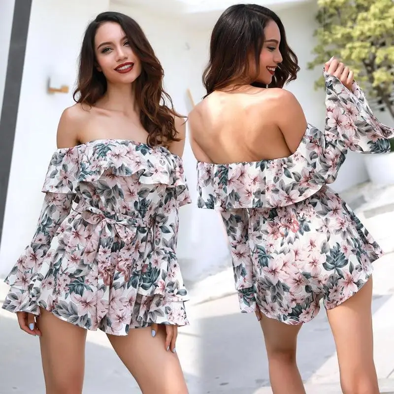 

JOCESTYLE Summer Womens Floral Print Chiffon Playsuit Beach Halter Sleeveless Rompers Party Short Jumpsuit Mujer Fiesta