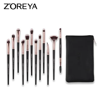

ZOREYA 12pcs/set eyeshadow brushes with black leather bag face makeup eyebrow concealer contour bluher fan brush tool ZR012