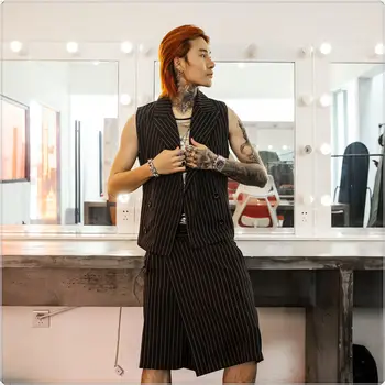 

2019 summer men's striped vest skirt pants suit fashion vest hair stylist business casual vest sets men's clothing
