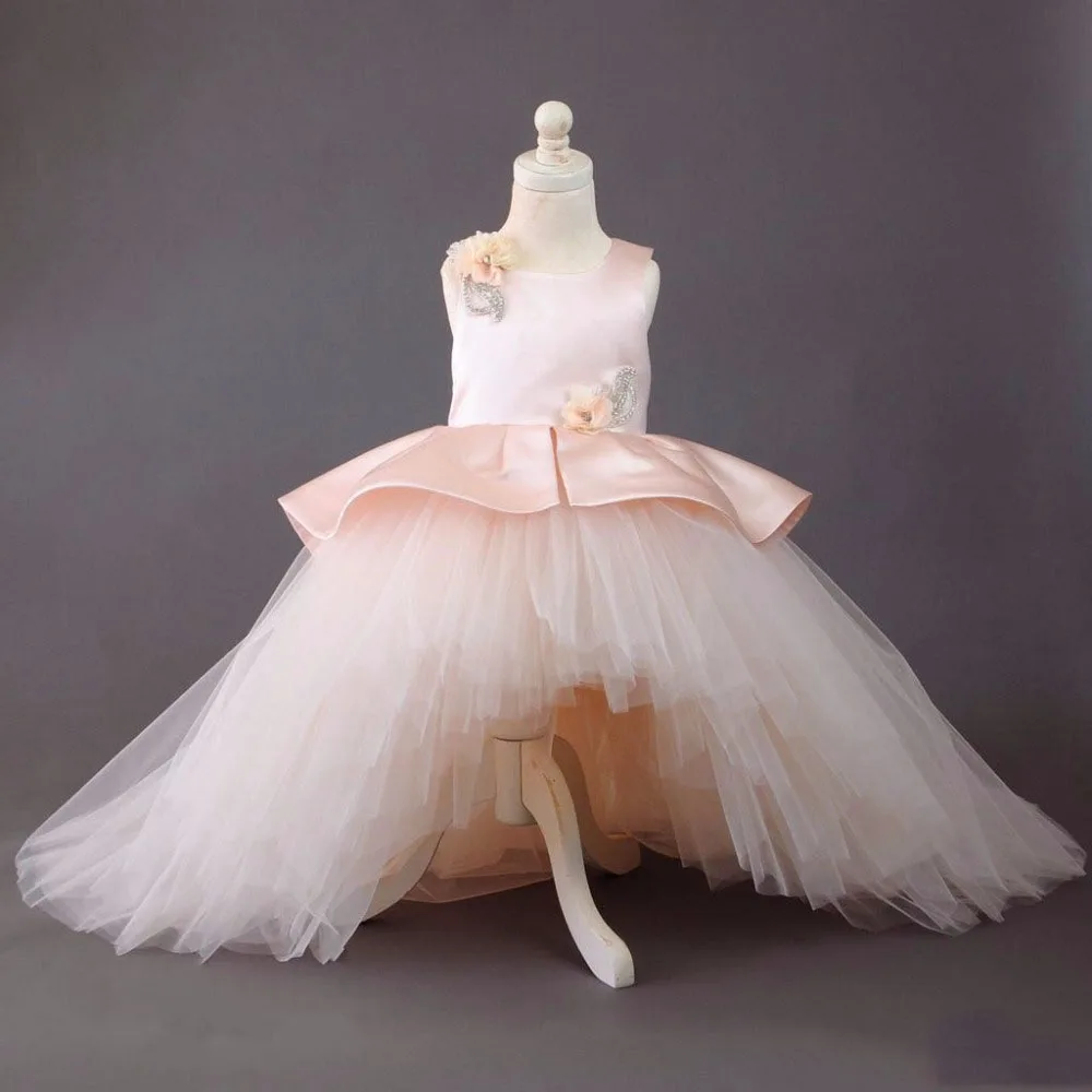 

Cute Pink Flower Girl Dresses Beading Ruffles Sleeveless High Low Formal Baby Girls Birthday Gowns Size 2-14Y