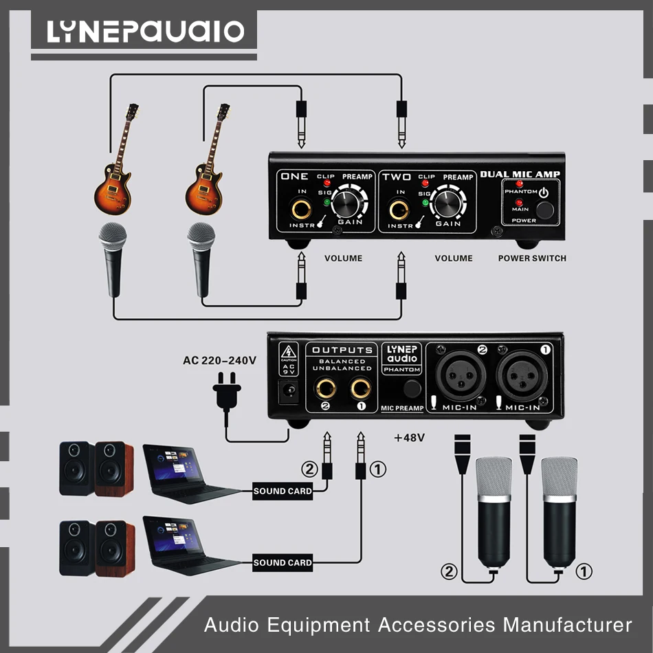 Мини 2-канальный предусилитель микрофона двойной предусилитель микрофона Электрогитары бас усилитель для домашнего использования Auido