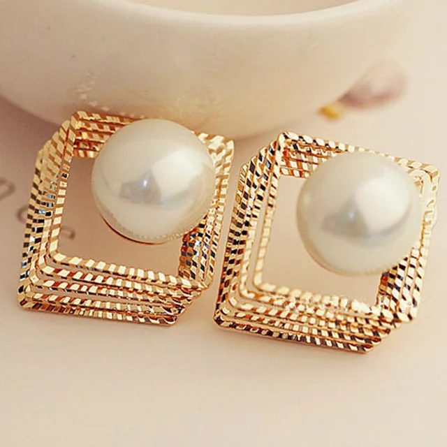 Trendy Design Women S Stud Earring New Arrive Square Pearl Earrings Trendy Design Women S Stud Earring New Arrive Square Pearl Earrings Multi Layer Hollow Out Gold