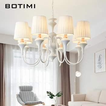 

BOTIMI Nordic LED Chandelier With Fabric Lampshade For Living Room Blue Chandeliers Lighting Modern White Hanging Light Bedroom