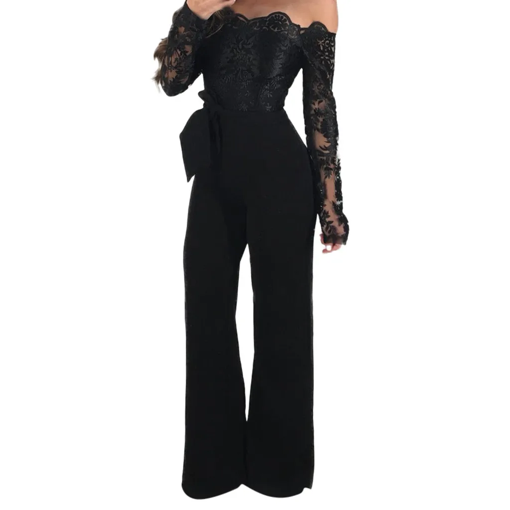 Women Jumpsuit Ladies Elegant Casual Lace Off Shoulder Lace Up Jumpsuit