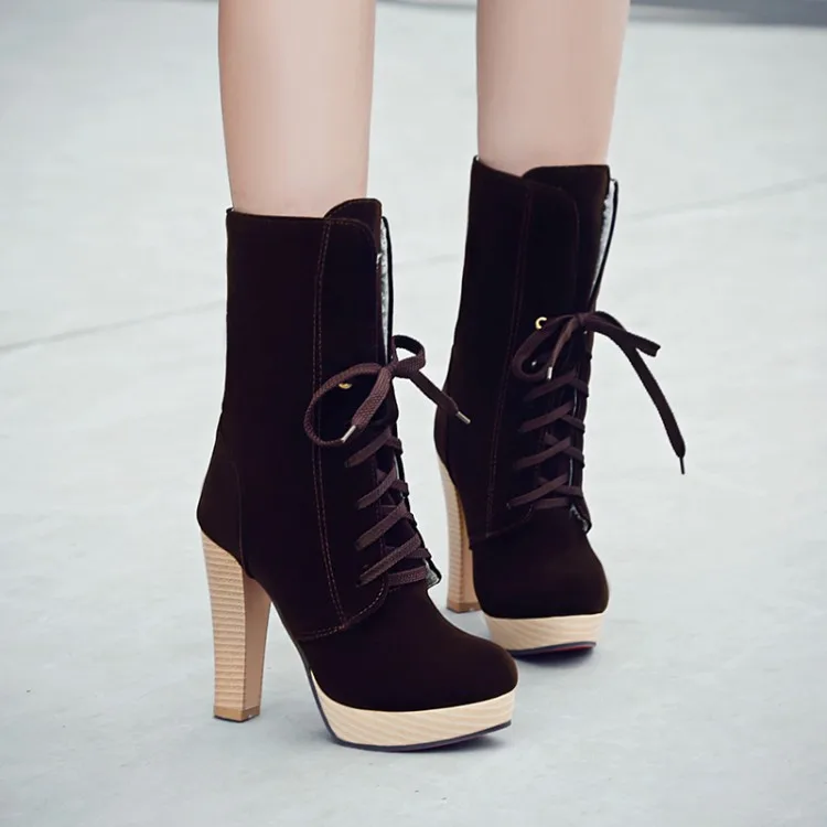 

Big Size 11 12 13 14 Ma'am Coarse heel Short boots Pure color Frenulum Suede high-heeled boots