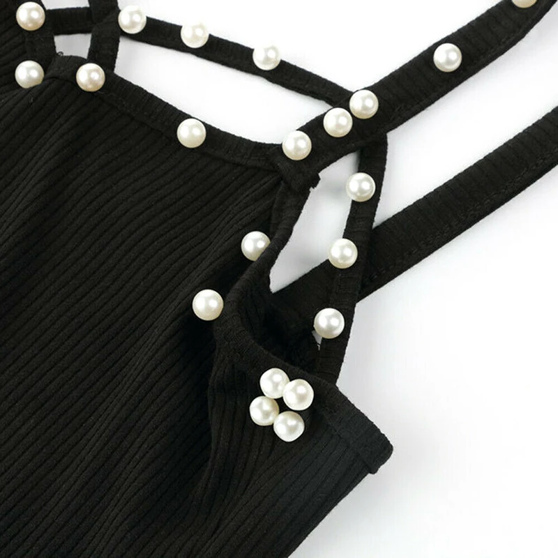 Women Elegant Pearls Beading Shirt Women Strappy Vest Tops 2019 Ladies Summer Casual Tops Blusas Woman Backless Sexy Black Shirt