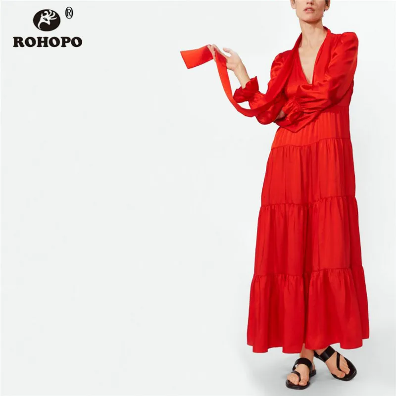 

ROHOPO 4 Layers Cake Maxi Midi Dress Butterfly Long Sleeve Multiways Red Tie Collar English Style Runway Party Dress #CW9018D