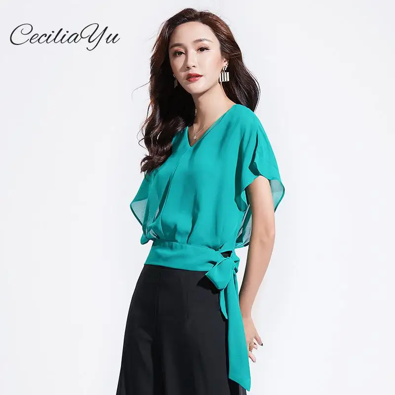 

2019 Summer Women's New Korean Temperament Sleeve Short-sleeved V-neck Straps Slim-fit Tops Chiffon Shirt Women Blouse