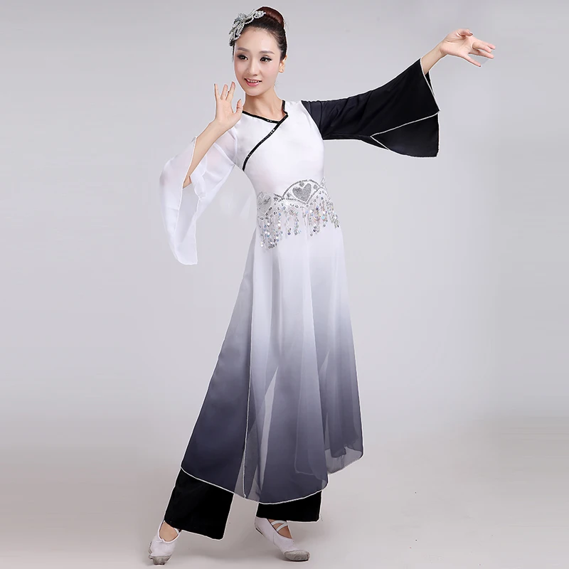 Женский костюм для китайского народного танца с длинным рукавом, китайский веер для танцевального костюма, женский зонтик с чернилами, одежда для танцоров, национальная одежда 16