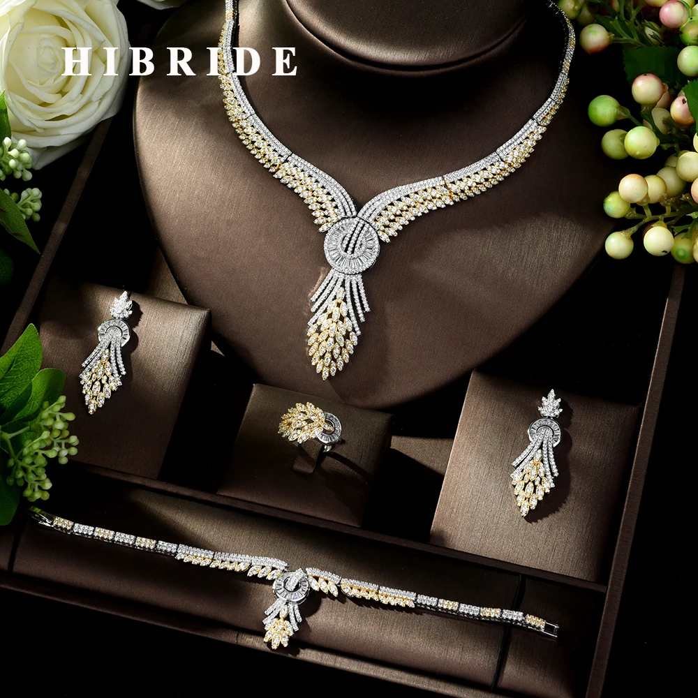 

HIBRIDE Luxury Large Bridal Jewelry 4pcs Sets Geometric Design Micro Pave AAA Zirconia Jewelry Set Women Wedding Party N-1020