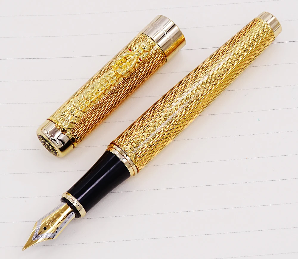 Jinhao 1200 Vintage Luxurious Fountain Pen Beautiful Ripple with Dragon Clip, Noble Golden Metal Carving Ink Pens Collection